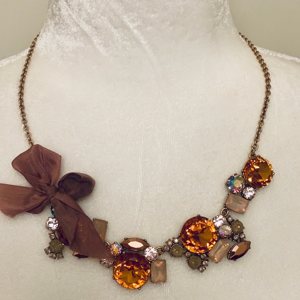 J. Crew Brown Ribbon and Amber Crystal Statement Necklace